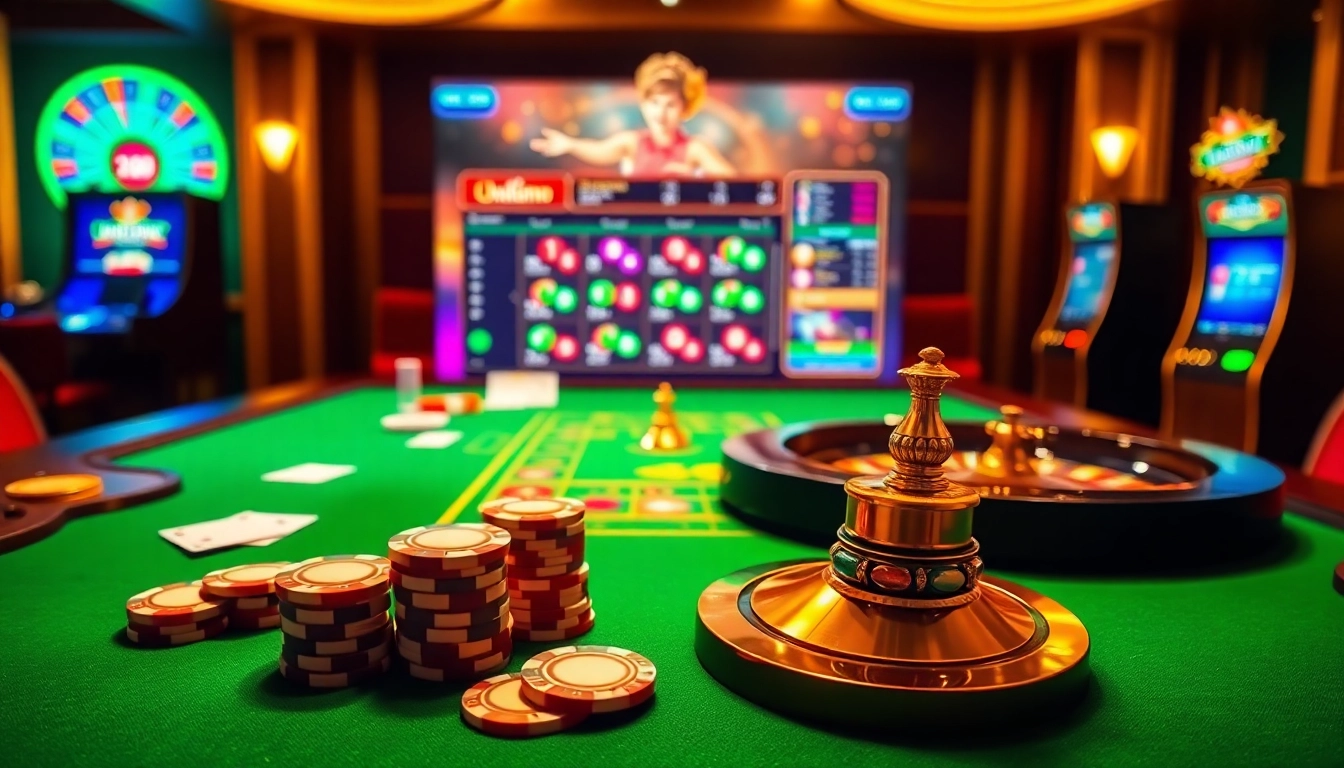 Experience the excitement of U888 online casino with vibrant gambling visuals, showcasing poker chips and roulette.