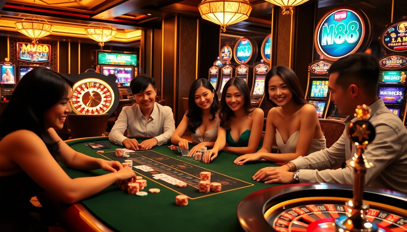 Players enjoying exciting games at mv88 casino with luxurious poker and slot machines.