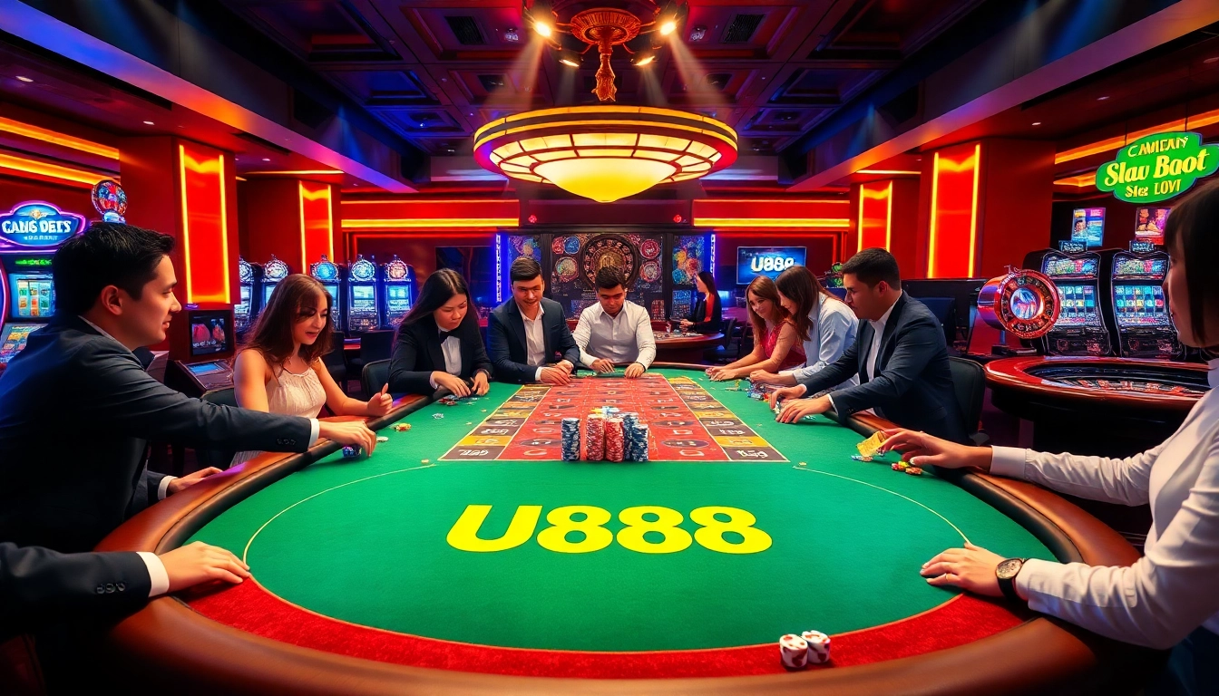 U888 players enjoying a thrilling game at a luxurious casino table.