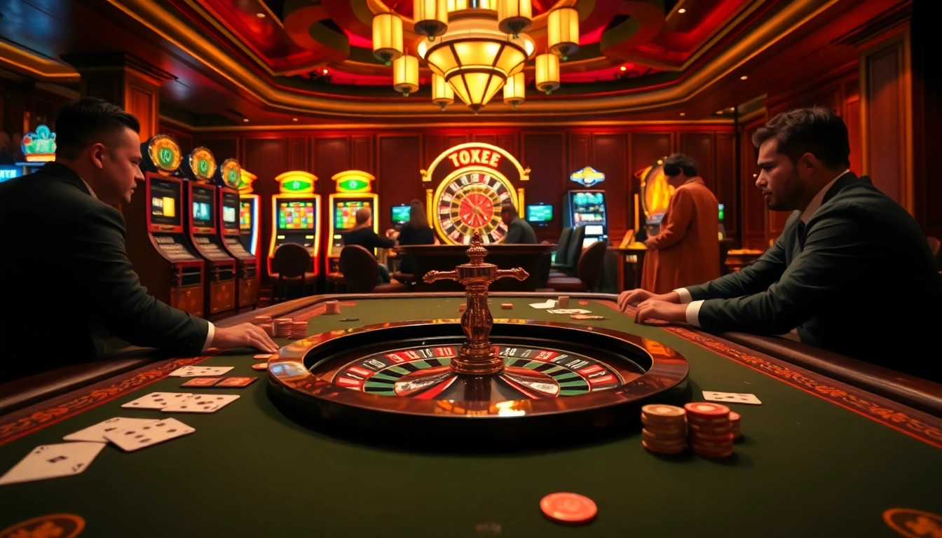 Engaging players at a glamorous casino table featuring elements from https://tg88.sale/ with cards and chips.