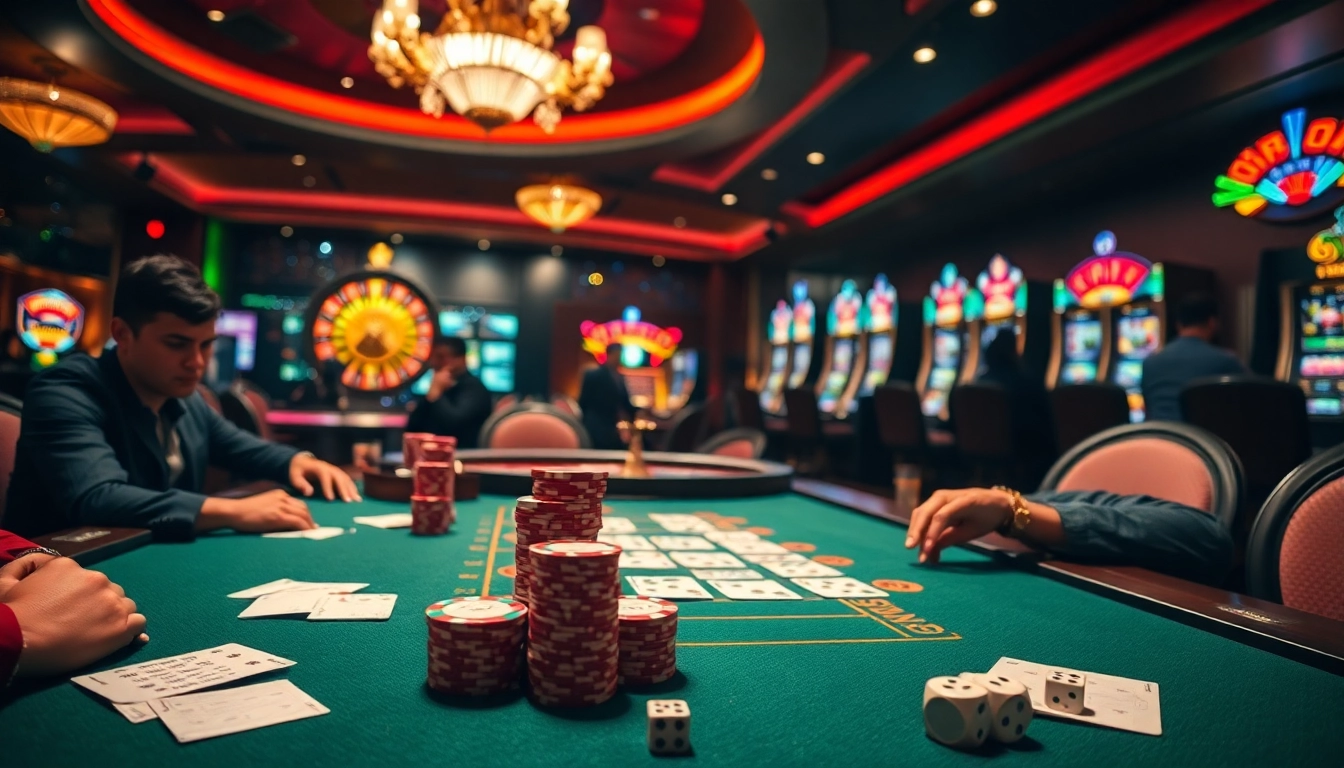 Players enjoying a thrilling night at https://f8bet.dental/ casino with poker chips and roulette.