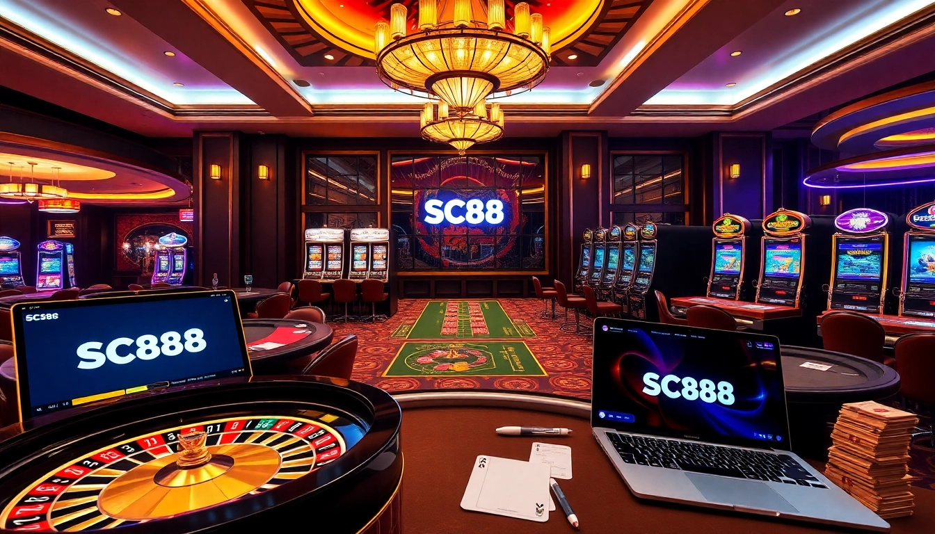 Exciting gambling scene at SC88 link with poker tables and a vibrant roulette wheel.