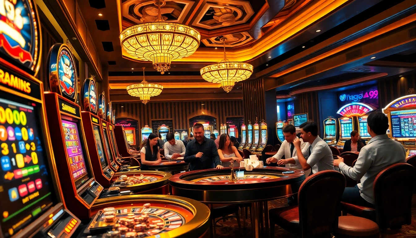 Naga99 players celebrating a win in a luxurious casino setting filled with vibrant slot machines and poker tables.