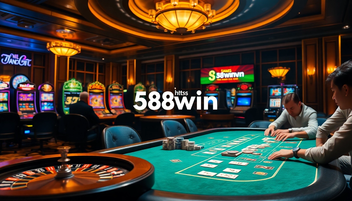 High-stakes poker action with vibrant slot machines and roulette wheel at https://58winvn.us.com/ casino.