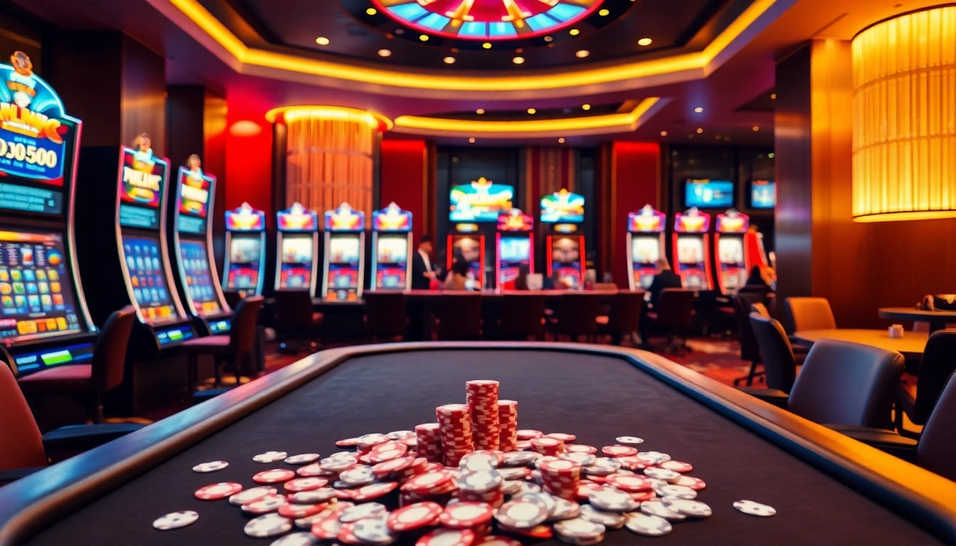Players engaging at a luxurious uu88 poker table with vibrant slot machines in view.