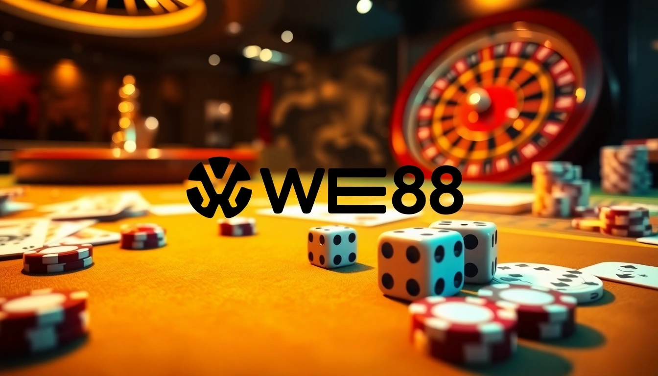 Exciting gaming at WE88 casino with vibrant poker chips and a roulette wheel.