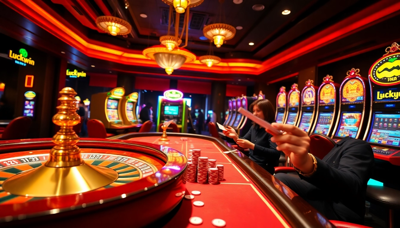 Players enthusiastically betting at a vibrant Luckywin casino scene with roulette and slot machines.