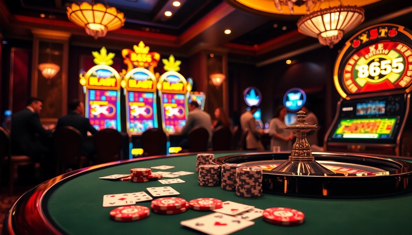 Engaging scene at BL555 casino with players enjoying poker and vibrant slot machines.