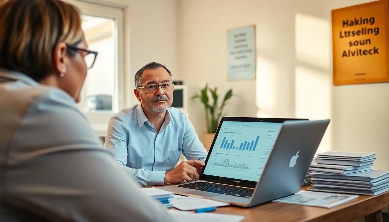 Beratender Gespräche über Arbeitslosengeld Informationen in einem hellen, einladenden Büro.