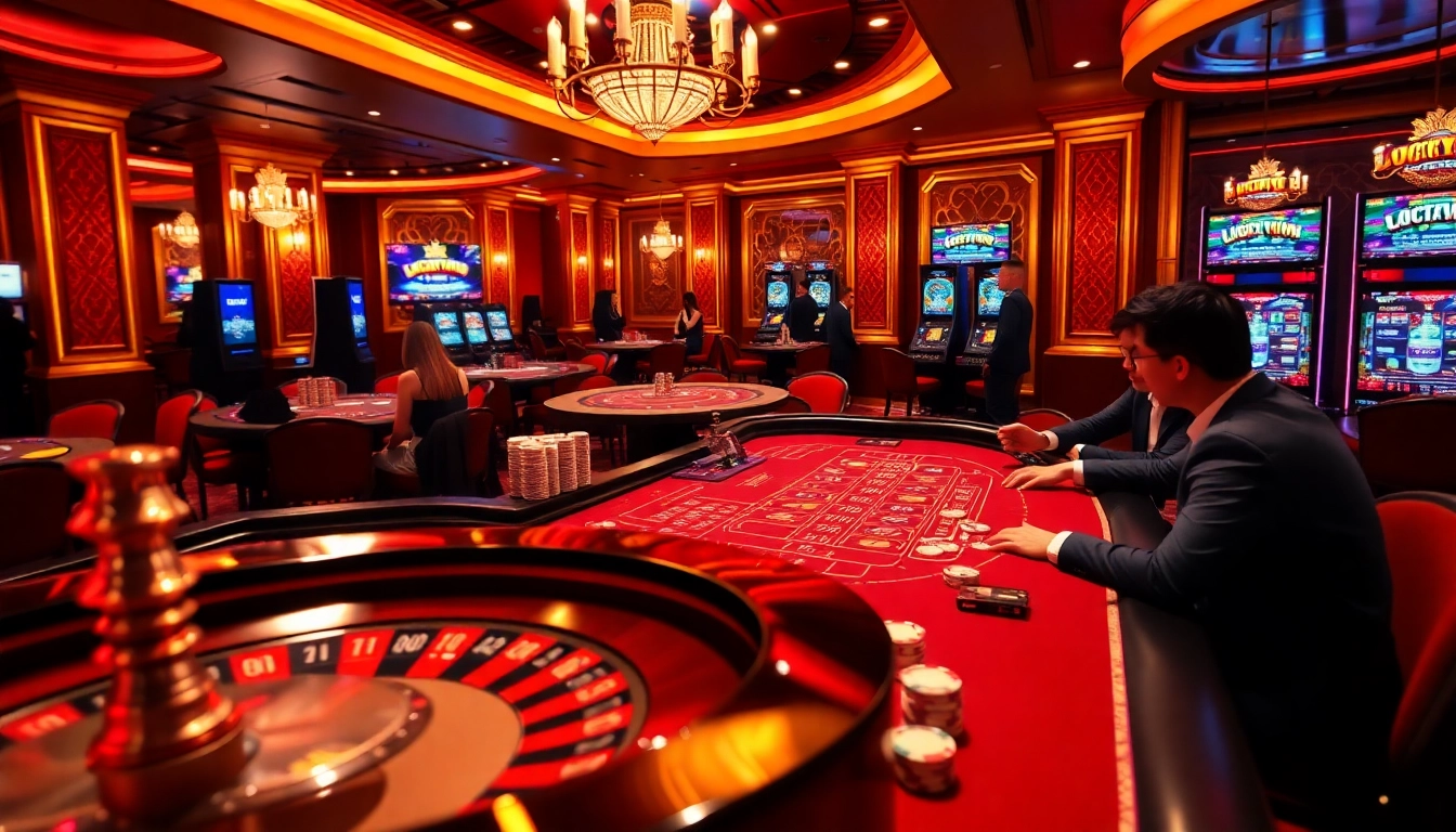 Luckywin777 casino scene with roulette, poker chips, and immersive online gaming elements.