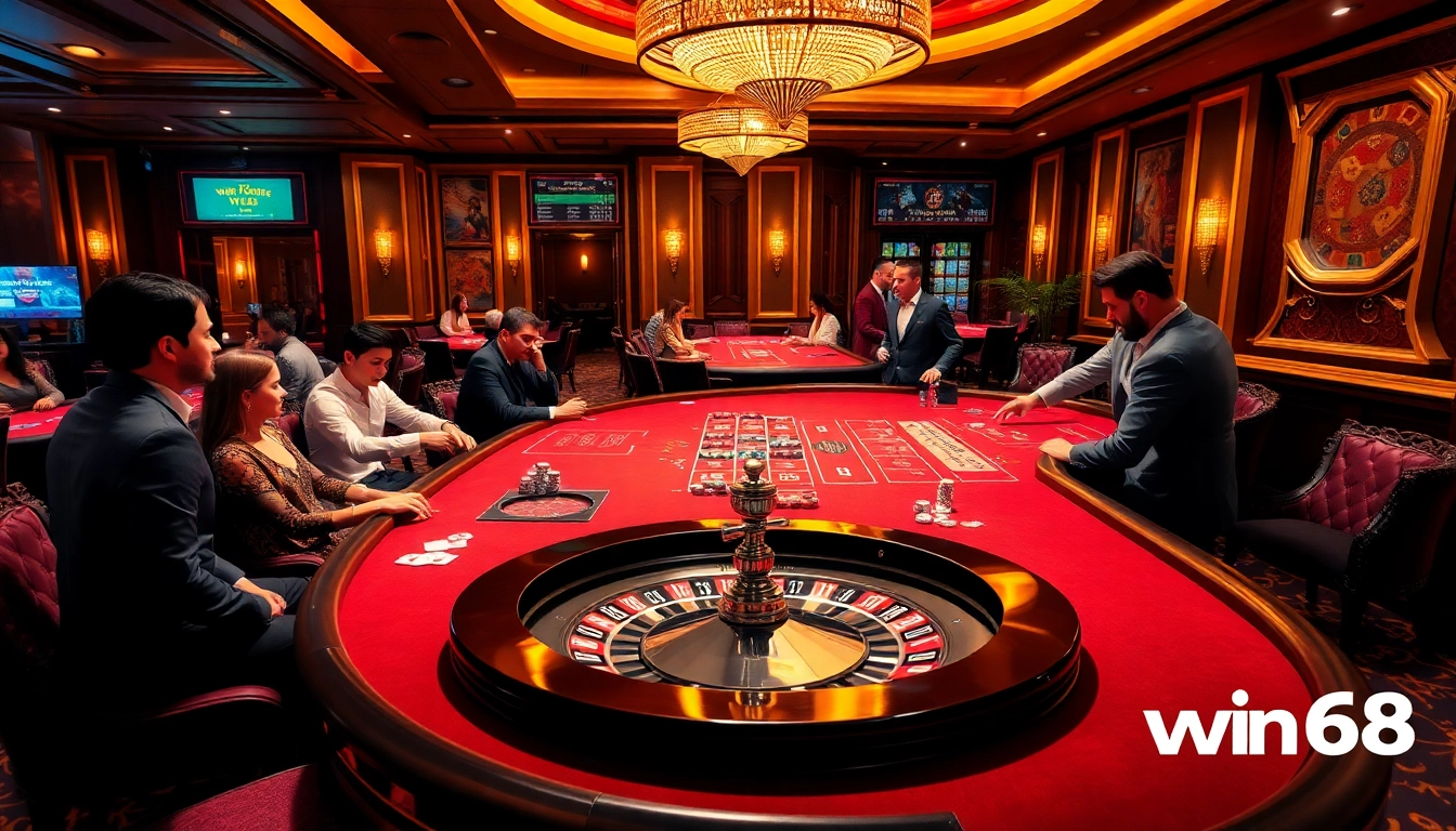 Experience the thrill of win678 at a lively, upscale casino table with players and dealers.