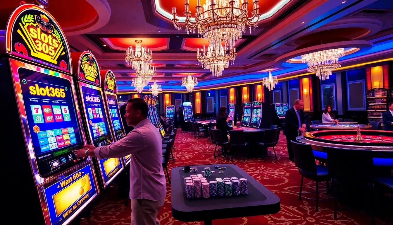 Player enjoying slot365 with vibrant slot machines in an upscale casino.