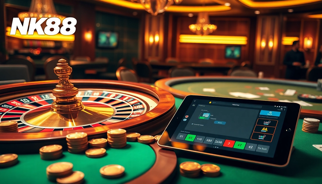 NK88 casino table with vibrant poker chips and a roulette wheel, depicting a thrilling gambling scene