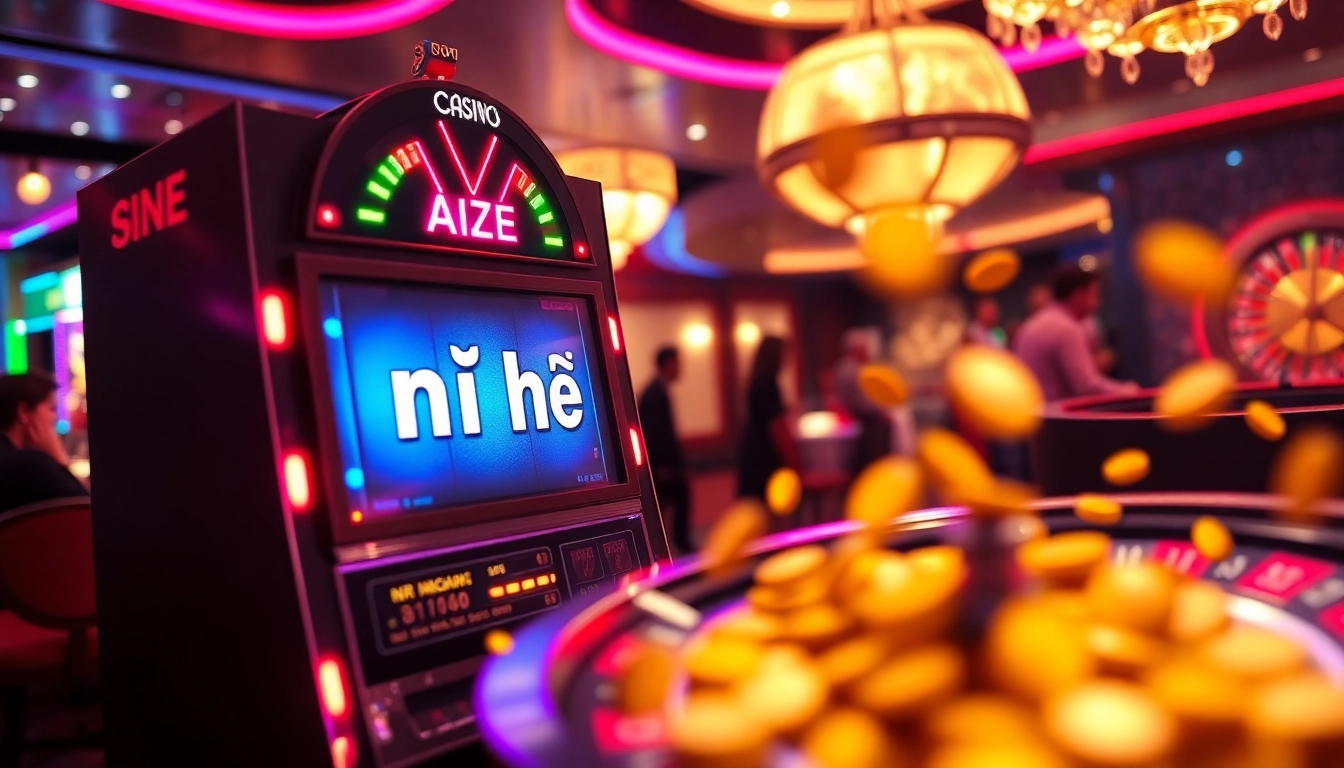 Players enjoying nổ hũ at a modern casino slot machine with vibrant colors.
