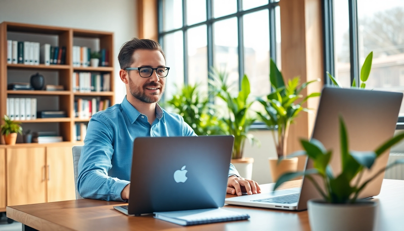 Headhunter IT führt ein Fachgespräch in einem modernen Büro mit Laptop und Notizen.