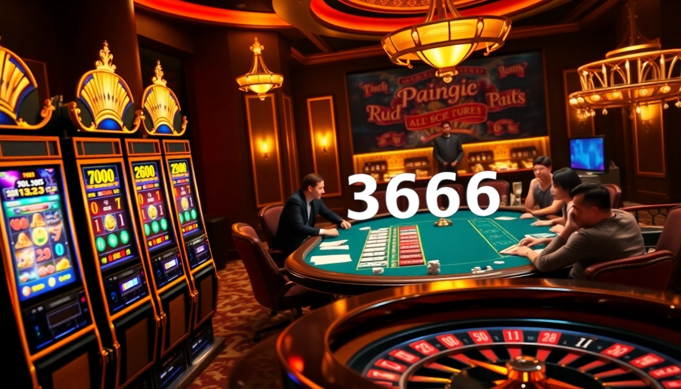 Experience thrilling gameplay at slot365 with luxurious casino elements, including vibrant slot machines and an inviting poker table.