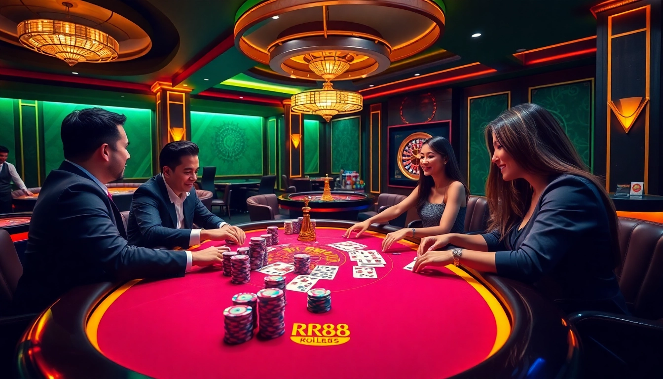Players enjoying a thrilling RR88 poker game at a luxurious casino table with vibrant chips.