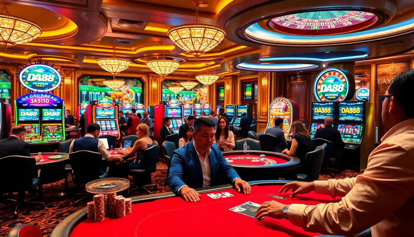 DA88 players engaging with vibrant casino tables and slot machines in an elegant gaming environment.