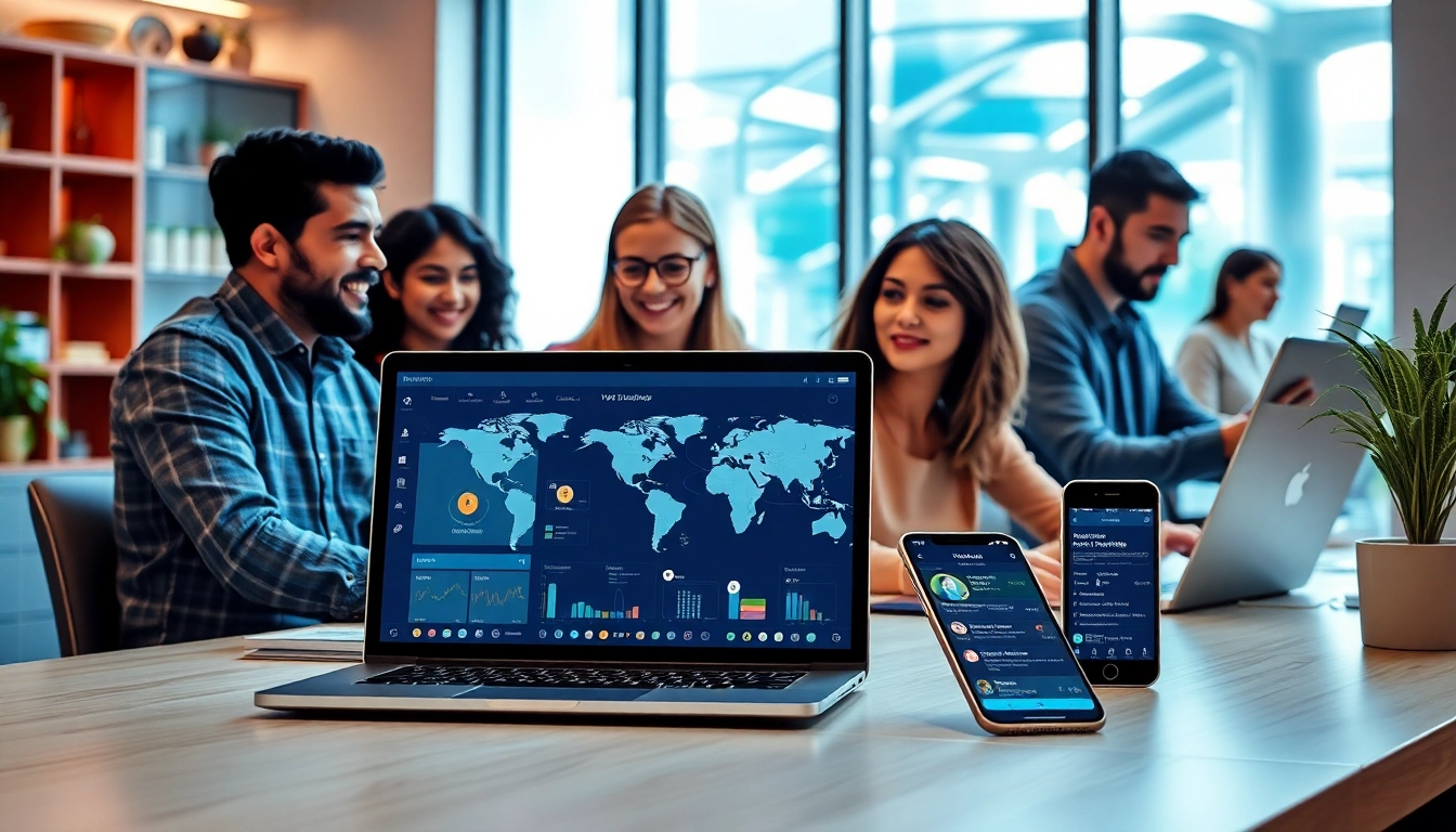快连下载 showcasing diverse users in a modern workspace connecting effortlessly through technology.