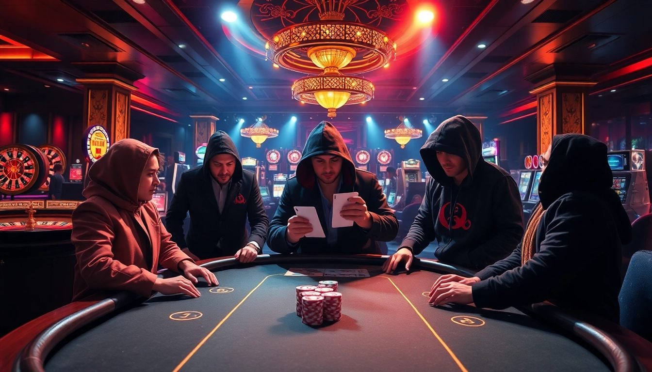 Džemperiai su spauda displayed in a vibrant casino atmosphere, showcasing classic gambling elements like poker and chips.