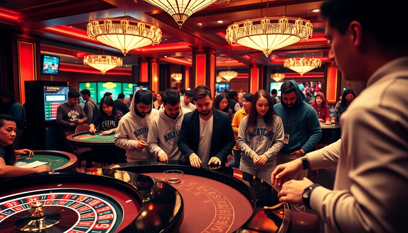 Drukāti džemperi parādīti krāšņā kazino ainā, kur spēlētāji spēlē, uzsverot stilīgu, pielāgotu apģērbu.