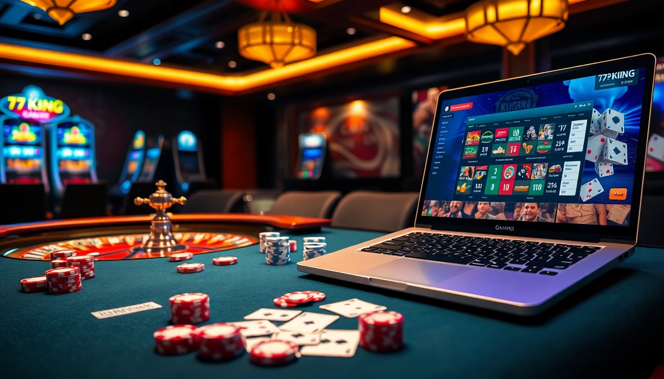 Experience exciting gameplay at 79KING with vibrant poker tables and roulette wheels in a luxurious casino setting.