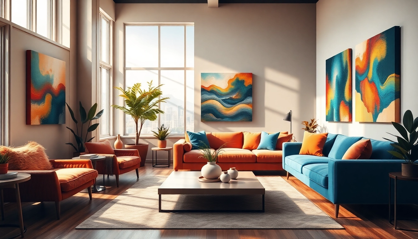 Lebendige Leinwanddrucke verschönern ein modernes Wohnzimmer und präsentieren stilvolle Dekoration sowie eine warme Atmosphäre.