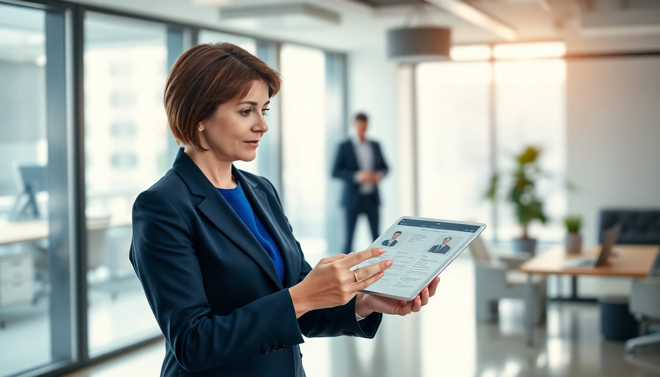Der Headhunter IT analysiert Kandidatenprofile in einem modernen Büro, während er mit einem Tablet arbeitet.