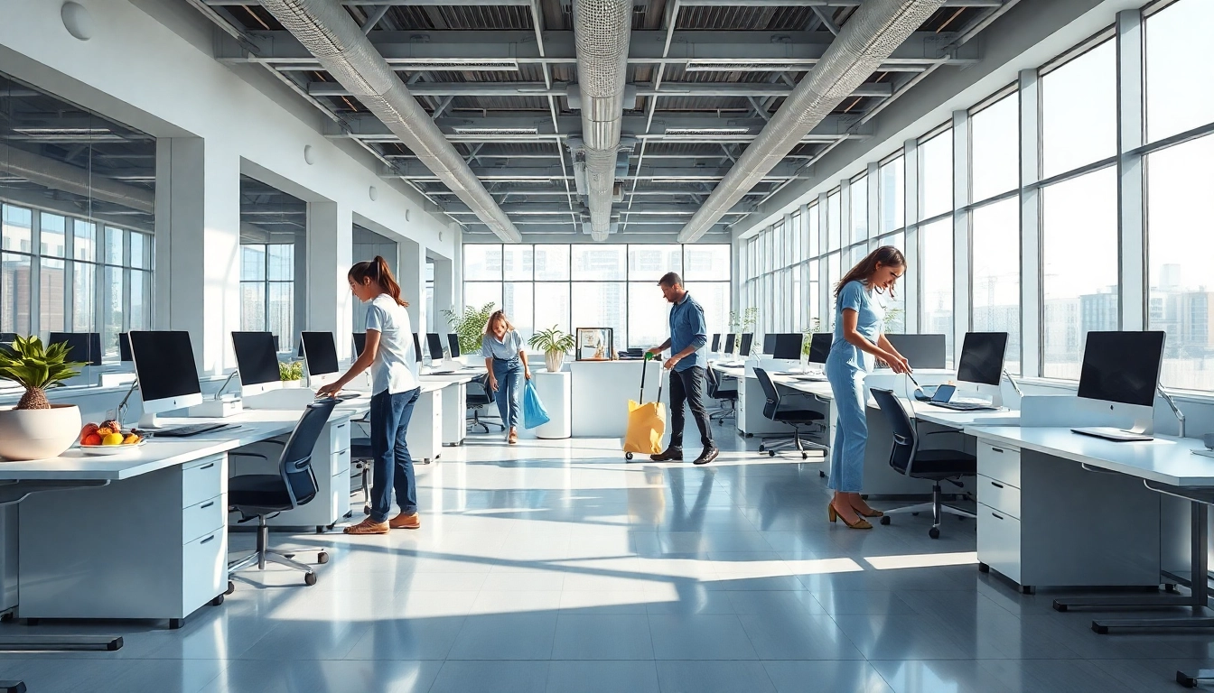 Büroreinigung Berlin von professionellen Reinigungskräften in einem modernen Büro.