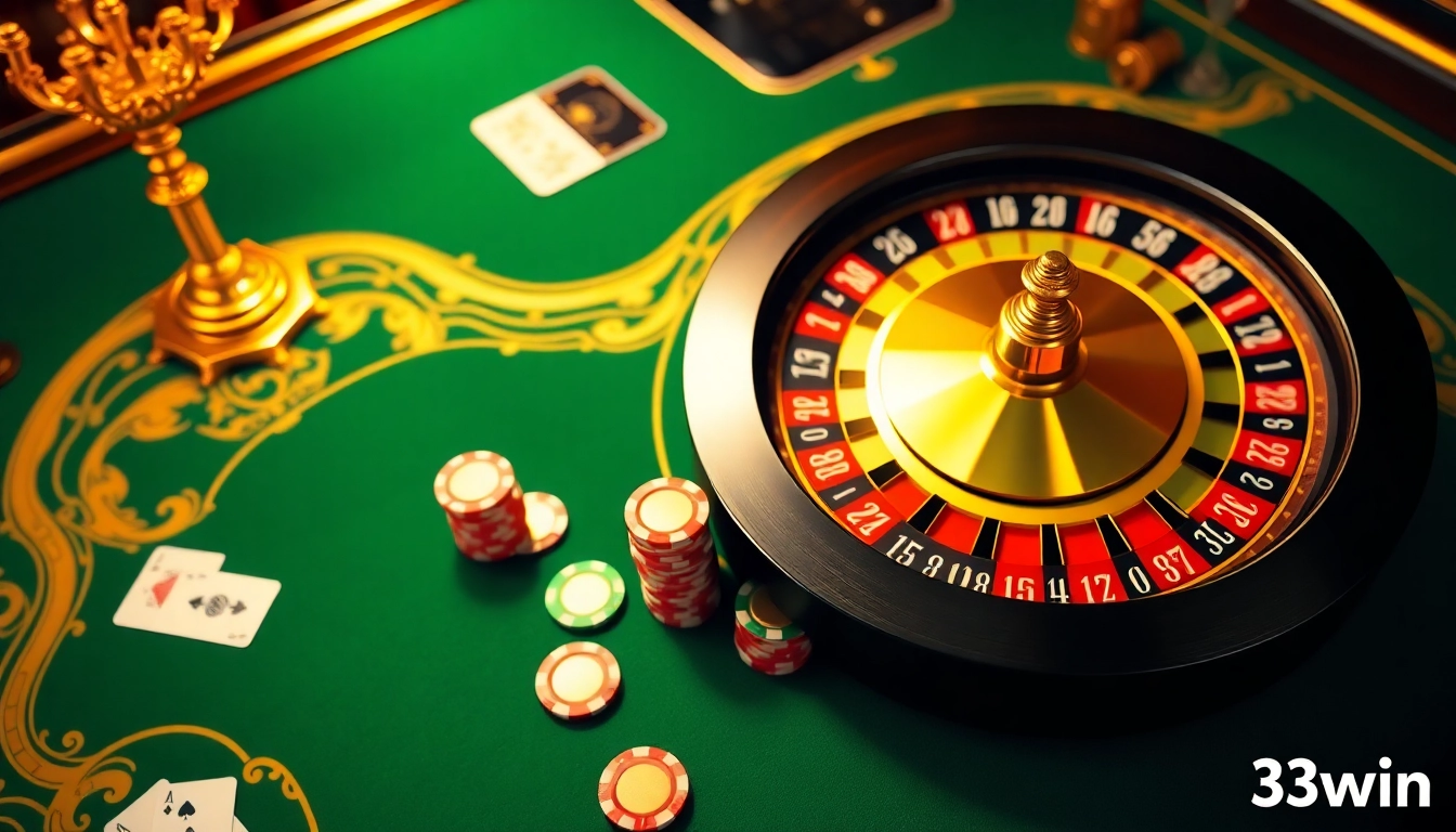 Experience the thrill of betting at 33win with luxurious casino tables and vibrant gaming elements.