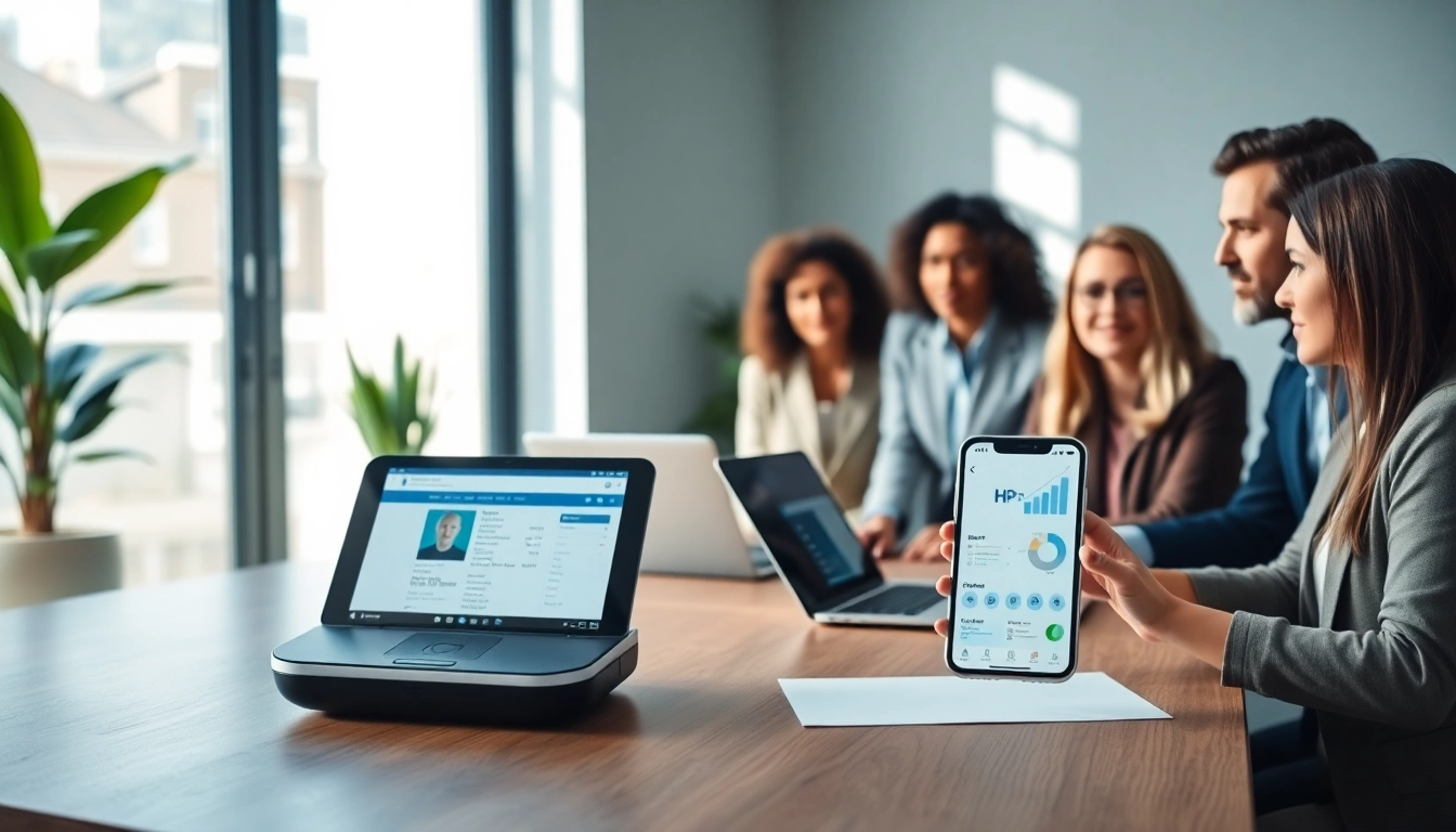 Effiziente digitale Führerscheinkontrolle in einem modernen Büro mit vielfältigen Fachleuten, die Führerscheine scannen.