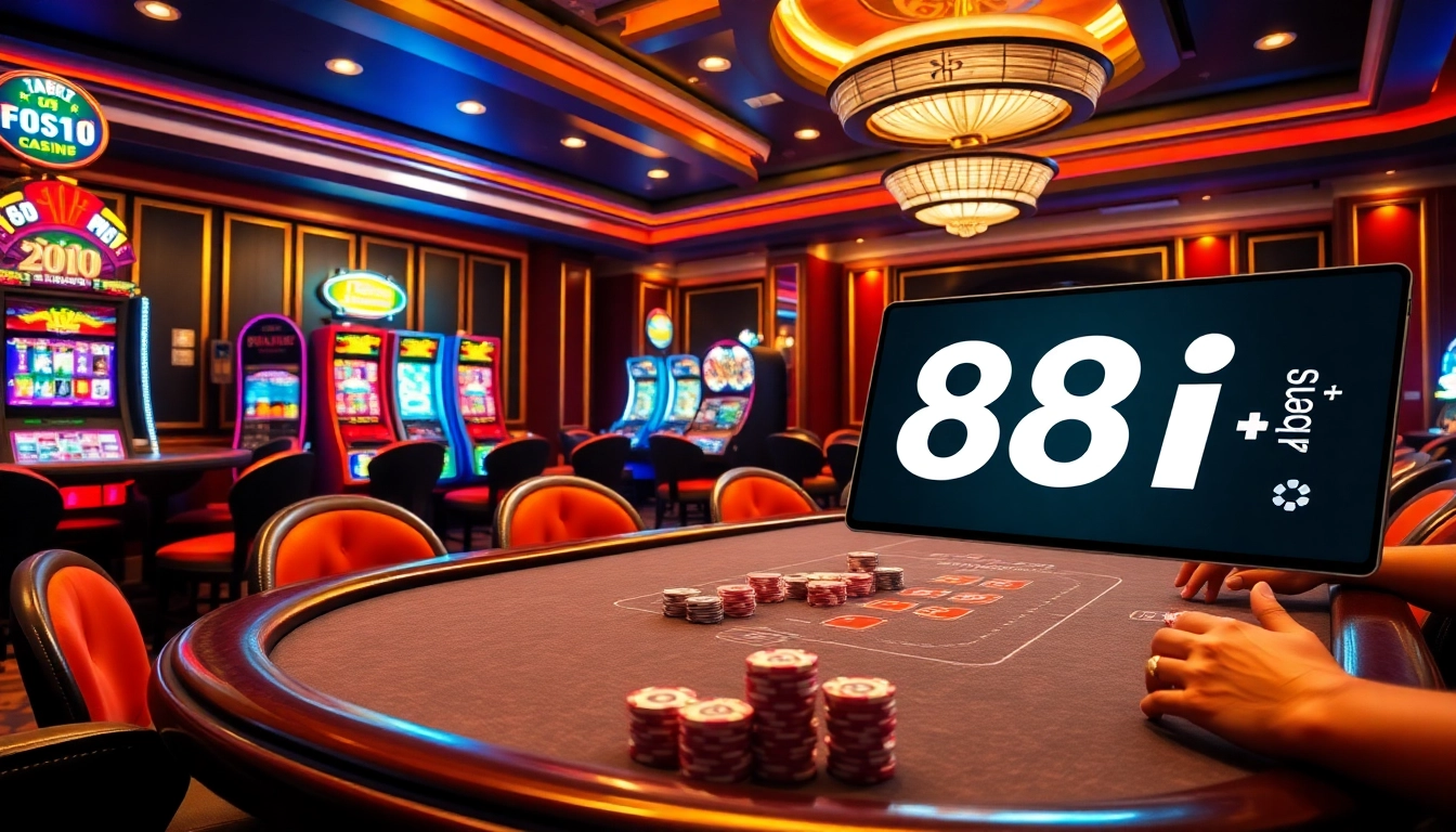 A high-stakes poker game scene highlighting 88i đăng nhập with vibrant slot machines and a roulette wheel in the background.