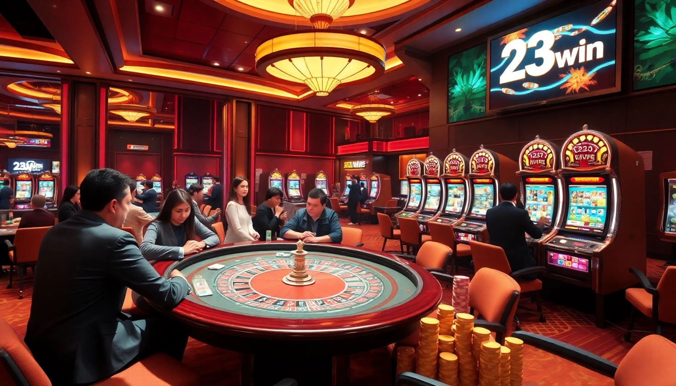 Engaging casino scene featuring players at 23win, showcasing poker, roulette, and vibrant slots.