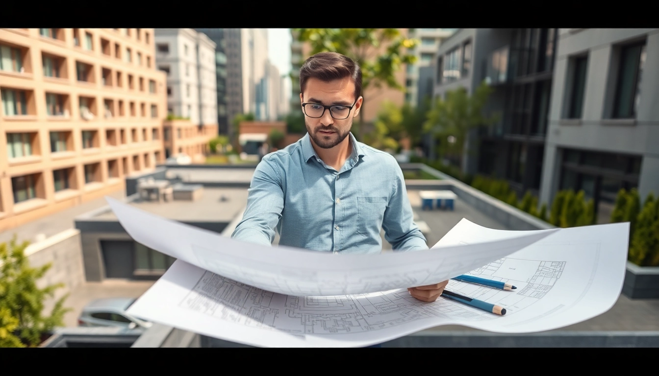Flachdach Fachplaner erstellt präzise Pläne in einem modernen städtischen Umfeld.