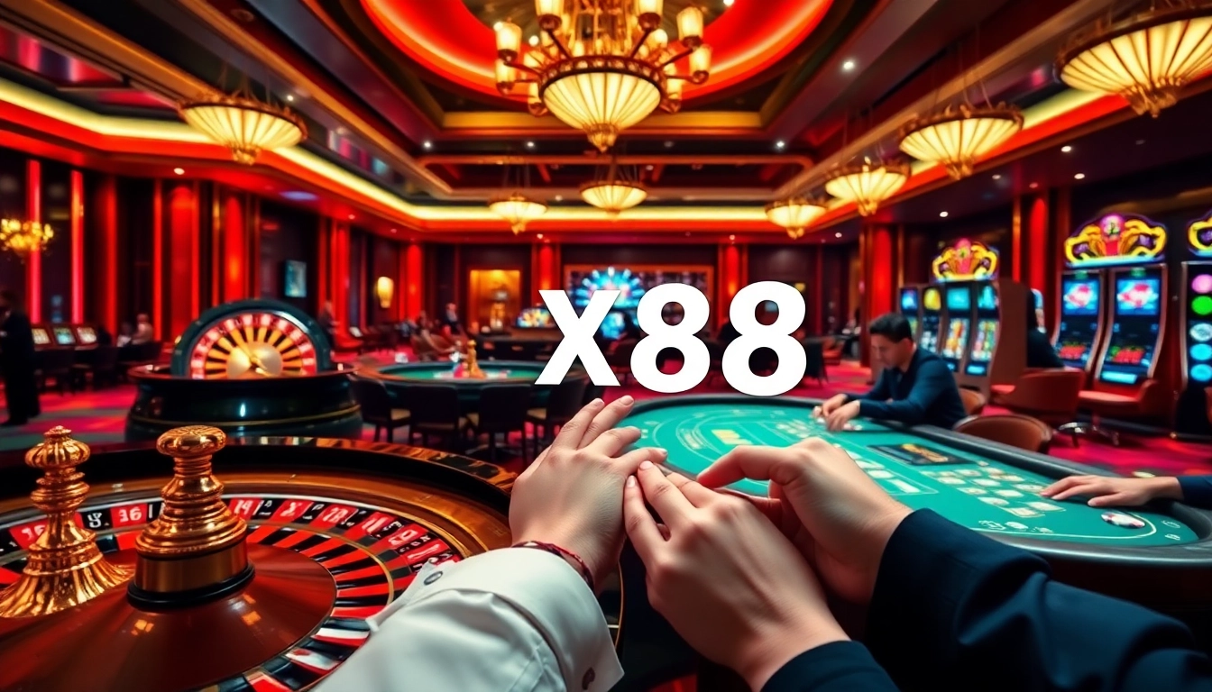 Engaged gamblers enjoying games at nhà cái xx88 casino with poker chips and tables.