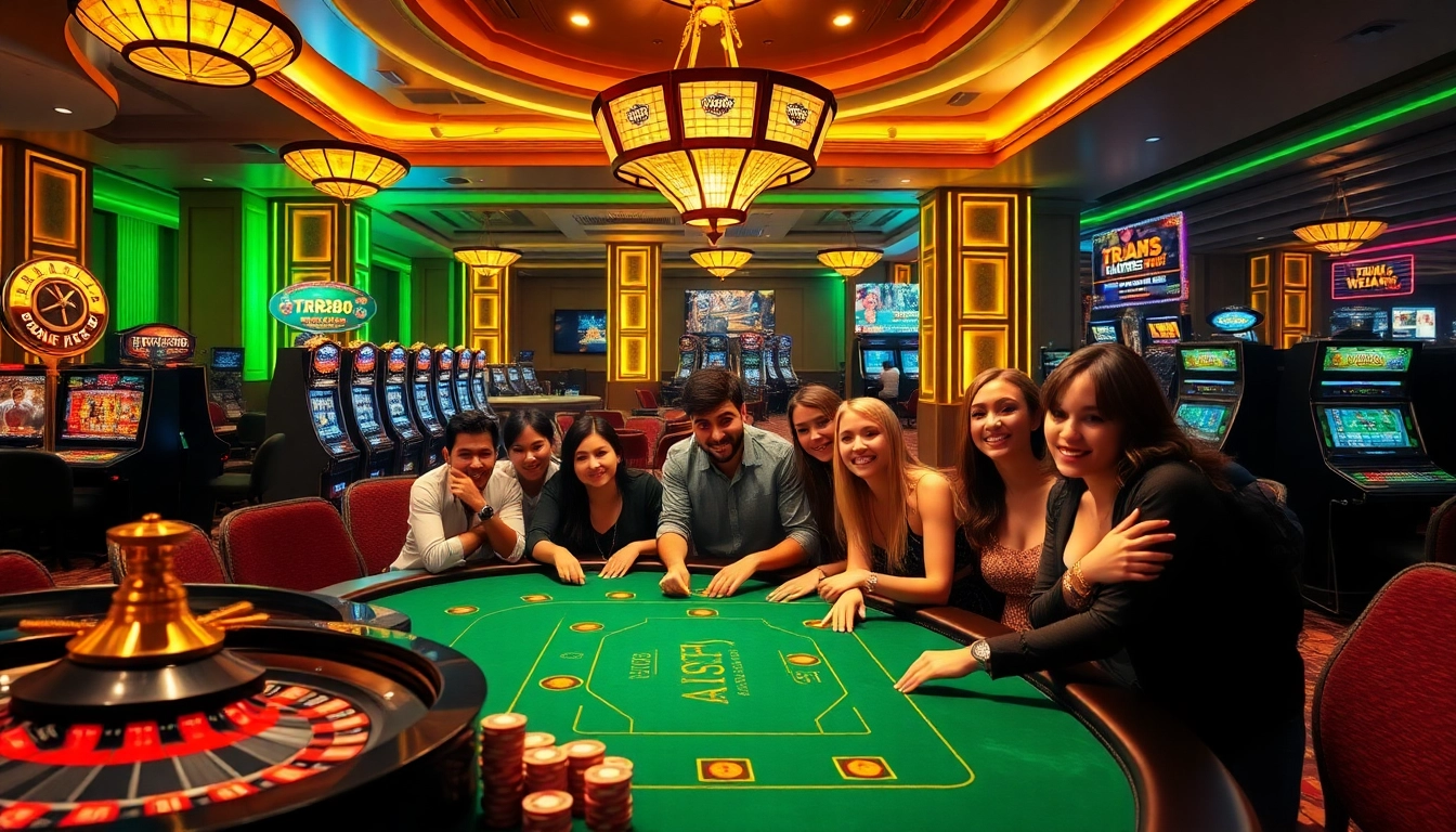 Experience the excitement of TR88 casino with diverse gamblers at a vibrant poker table amidst glamorous gaming elements.