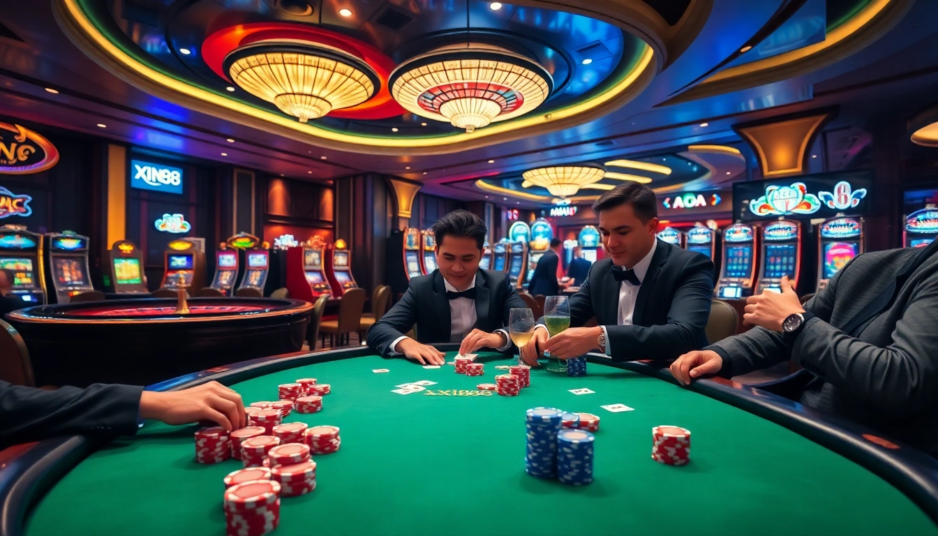 Players at a xin88 poker table exhibit excitement and skill in a luxurious casino setting.