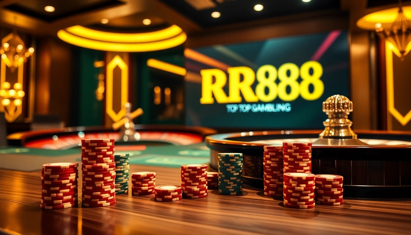 RR88 gaming excitement with luxurious poker and roulette setup in a vibrant casino.