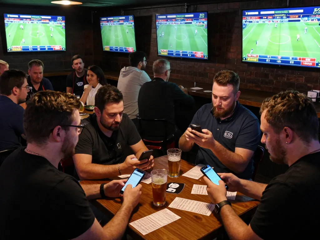 Patrons enthusiastically engaging with sports betting at a bar, analyzing bets and watching live games.