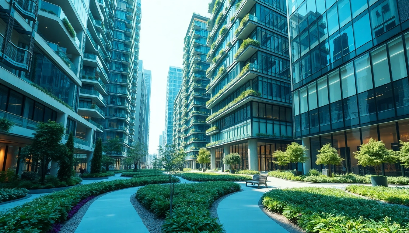 Architektur visualisierung einer modernen Stadtlandschaft mit einzigartigen Bauwerken und Grünflächen.