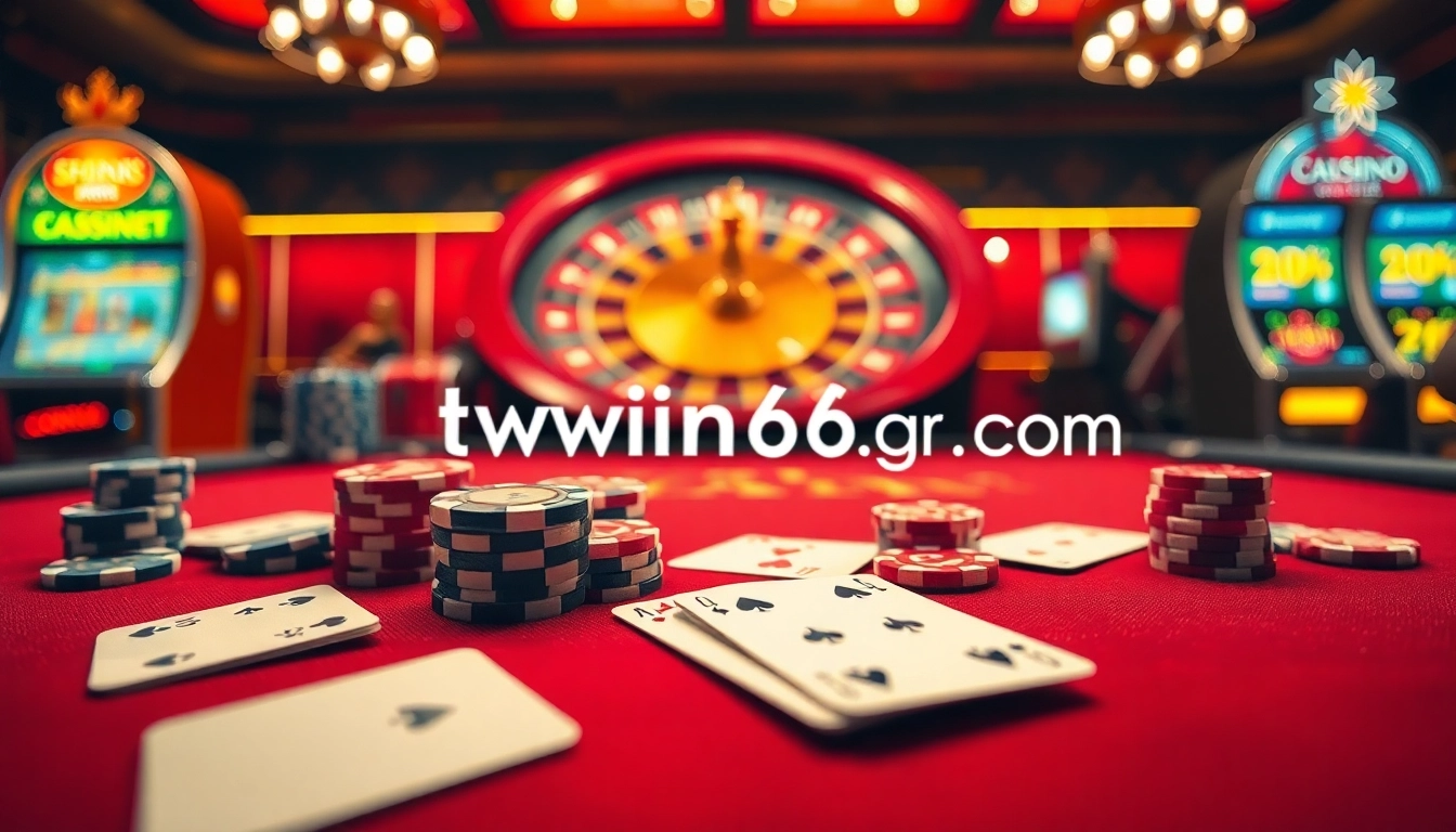Exciting casino atmosphere with twin68.gr.com logo on poker table, chips, and roulette wheel.