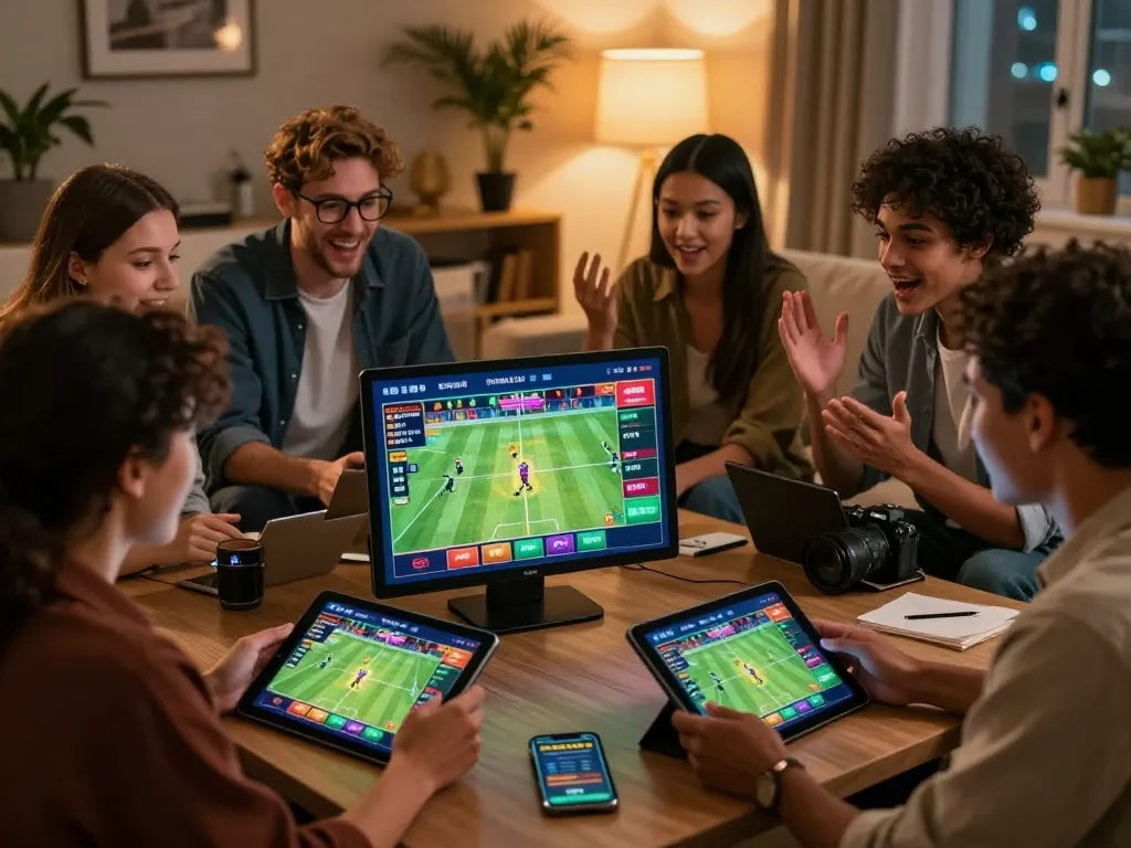 Friends enjoying an online gambling experience at https://may88.bio/, featuring colorful sports stats and modern devices.