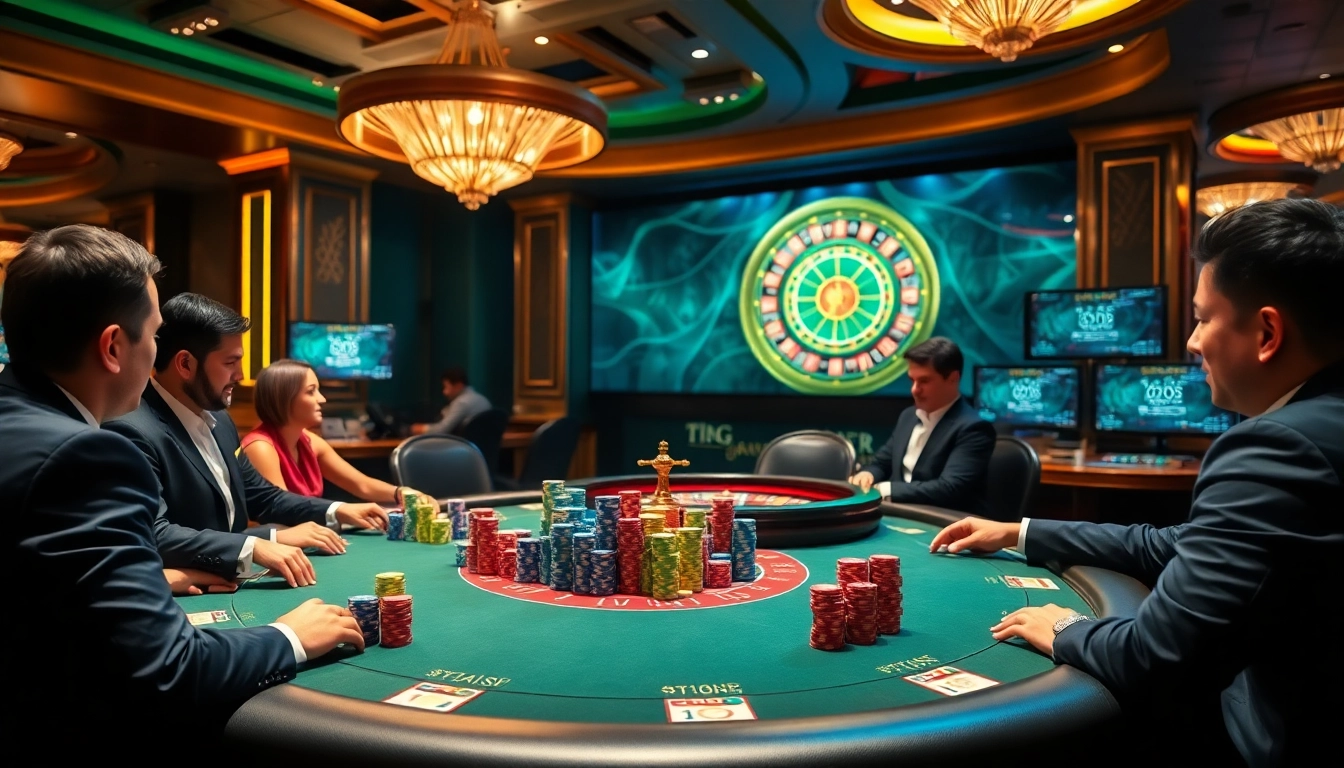 A vibrant casino scene with high-stakes poker at zx88 com, featuring players in elegant attire and colorful poker chips.