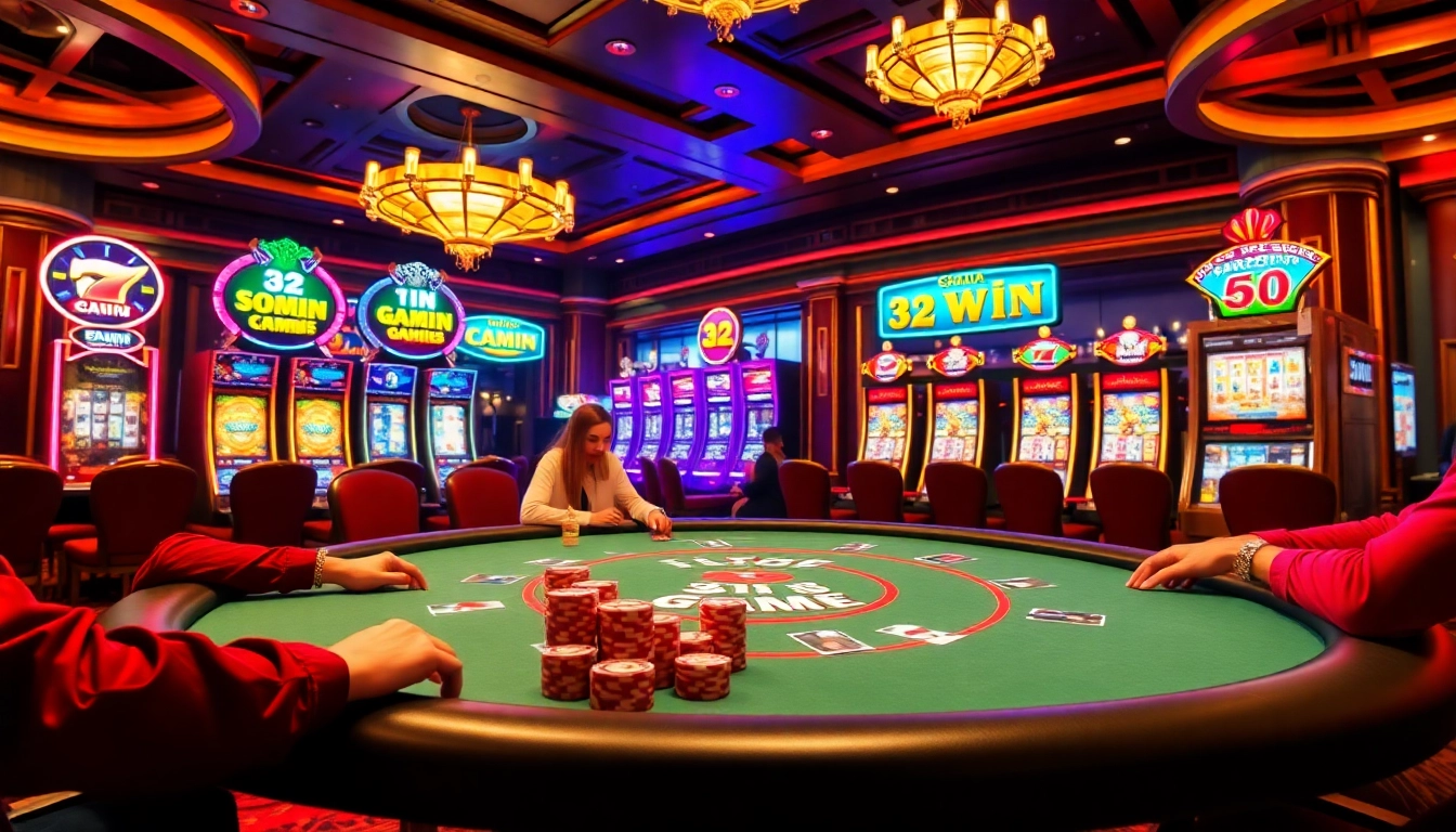 Experience the excitement of the 32 win game at a luxurious casino with vibrant slot machines and thrilling poker action.