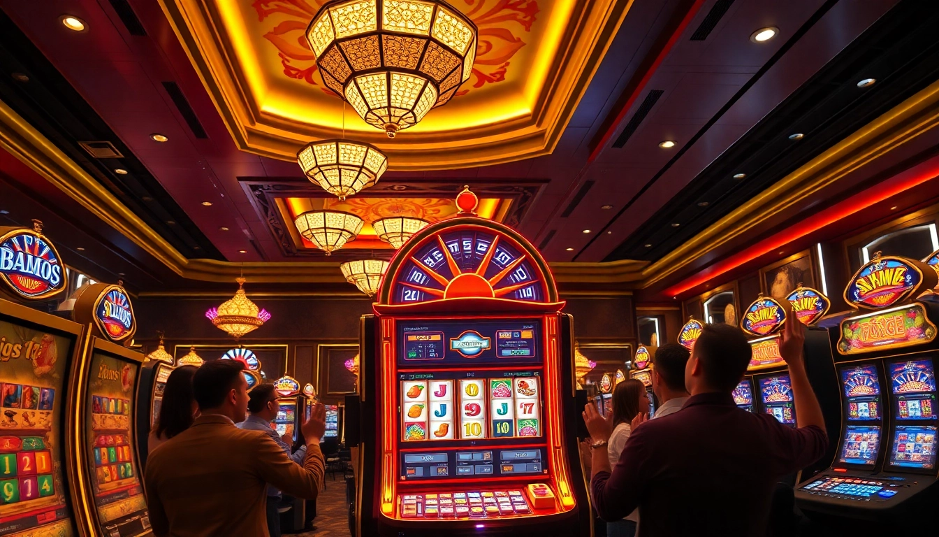 เล่นสล็อตในคาสิโนหรูที่มีสีสันสดใสและผู้เล่นตื่นเต้น