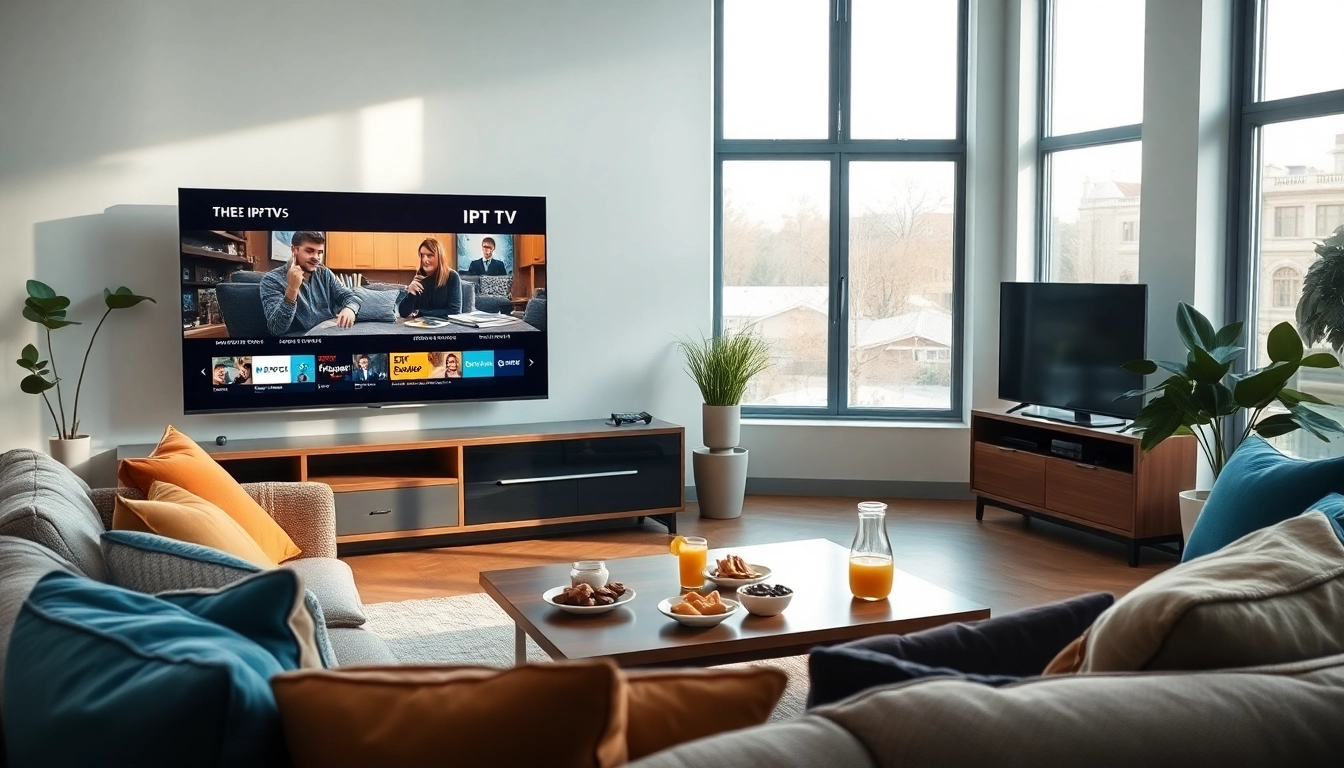 Genießen Sie IPTV Fernsehen über Internet in einem modernen Wohnraum mit bequemer Couch und stilvollem Fernseher.