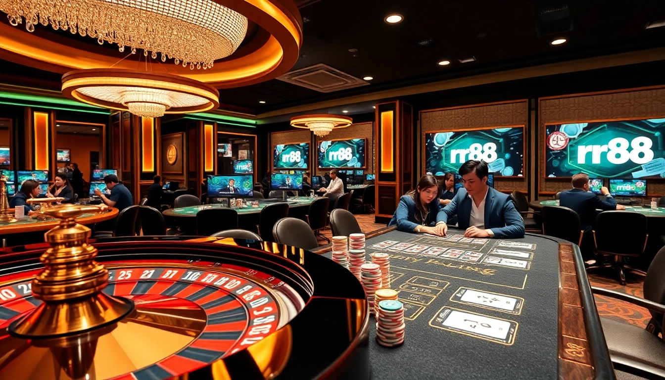 Experience the thrill of the rr88 game in a vibrant casino atmosphere with professional players and engaging gaming elements.