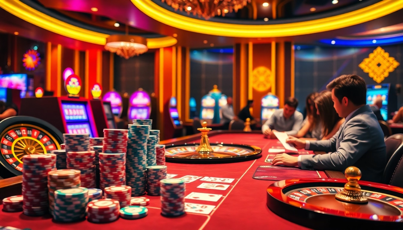 Exciting gambling scene at 8s86.com showcasing poker chips and roulette wheels.