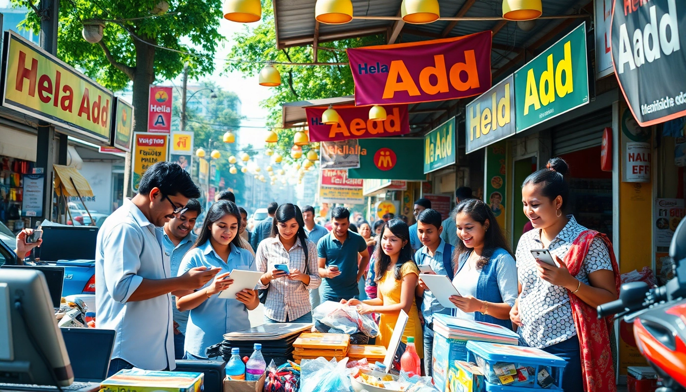Vibrant scene of Sri Lanka's Hela Add marketplace with diverse individuals engaging in classified ads.