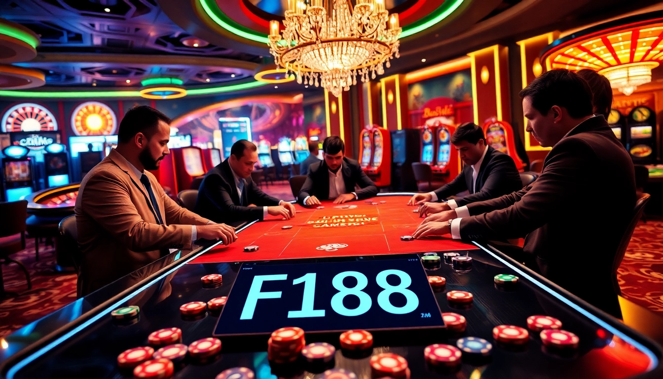 Exciting poker action at F168 casino, showcasing chips and a modern table in a vibrant setting.